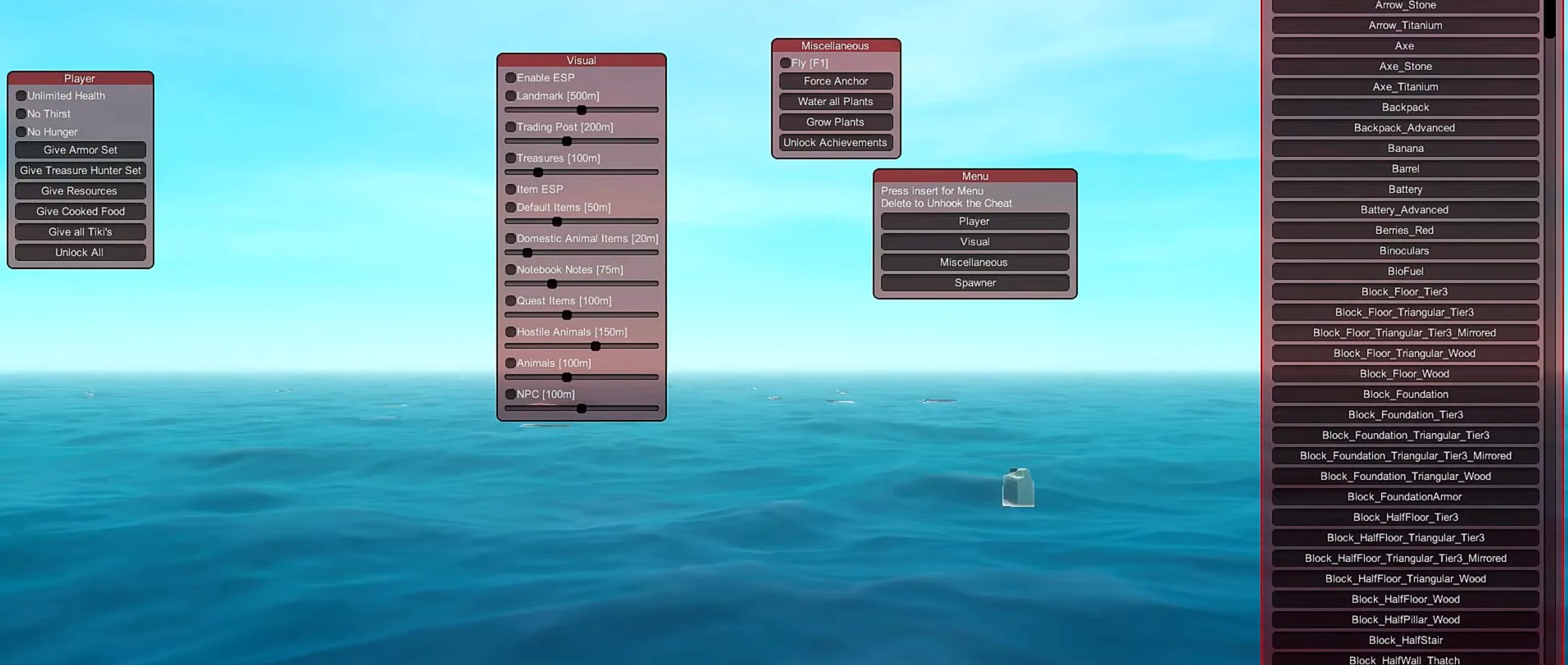 Raft ESP cheat menu with distance filters and loot labels
